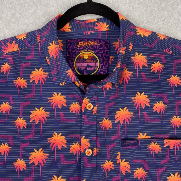 Retro Rifle Shirt Mens L Rising Palm Short Sleeve Button Down All Over Print - Picture 3 of 8